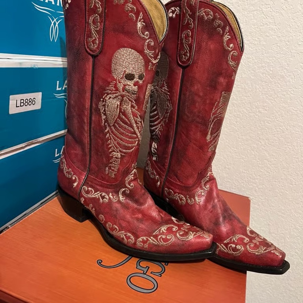 Old Gringo Red Cowboy Boots with Skull Design